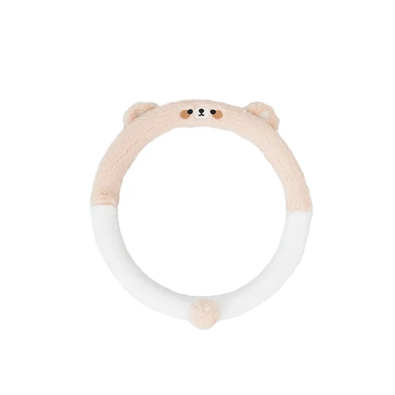 Plush rabbit fur steering wheel cover with embroidered cartoon animal pattern showing 38cm diameter