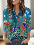 Women's loose fit V-neck T-shirt with 3D printed pattern in Korean casual style