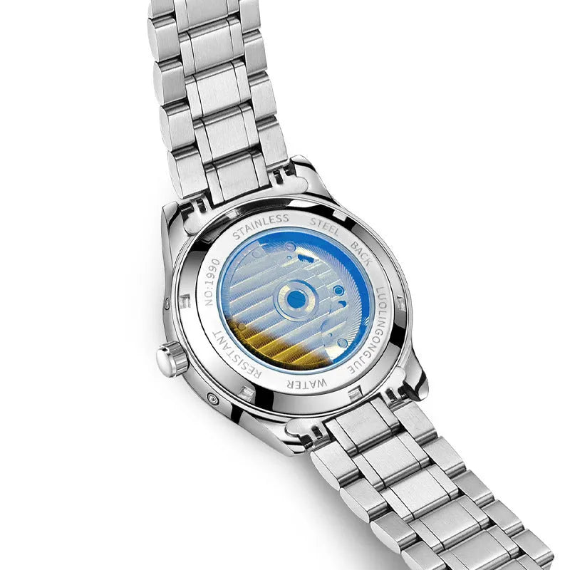 Men's stainless steel mechanical business watch with sapphire crystal glass and transparent case back