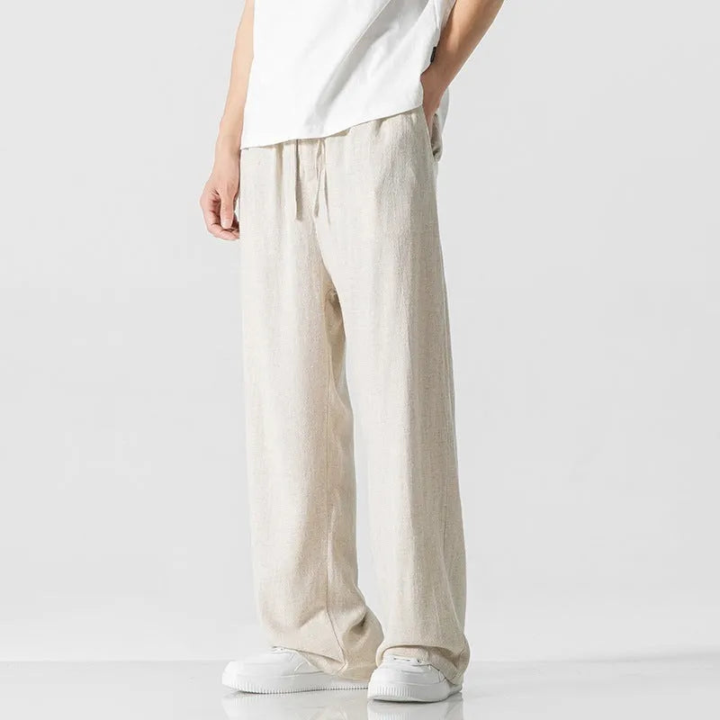Men's bamboo fibre summer trousers in loose straight-leg cut with cropped length and drawstring waist