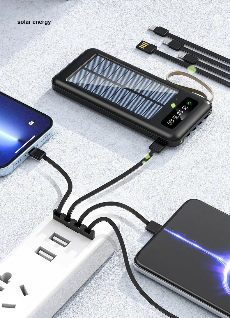 Black and white solar power bank showing front panel with solar cells and dimensions 144x68x16mm.