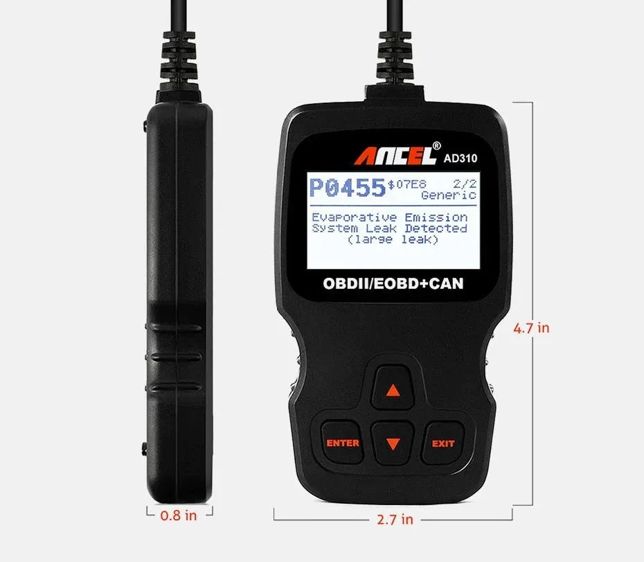 Black universal auto scanner code reader for OBD2 engine fault detection with 12V power supply