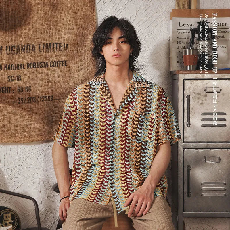 Japanese style Cuban collar short sleeve shirt with hollow jacquard pattern in grey or red