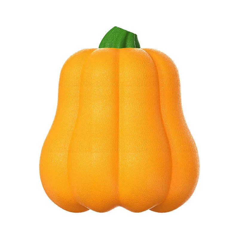 Bite Molar orange plastic pumpkin dog toy with rope attached for outdoor chewing and fetch games