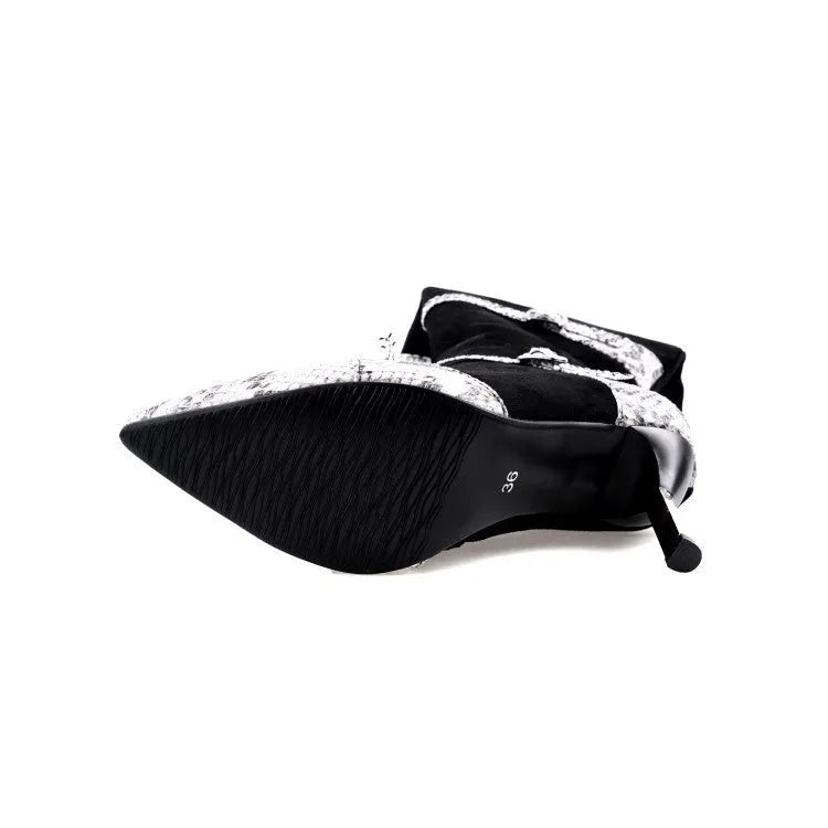 Grey and black women's knee-high high-heel boots with a thin 9cm heel and velvet lining.