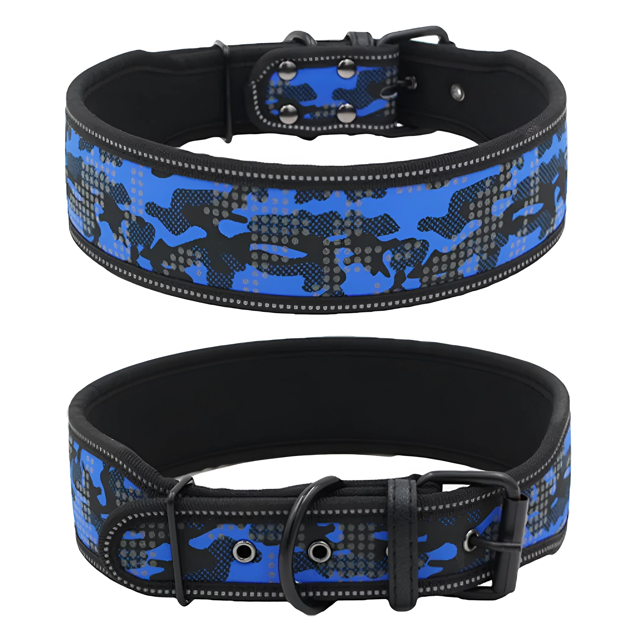Reflective camouflage nylon dog collar in blue on a light background showing three size options