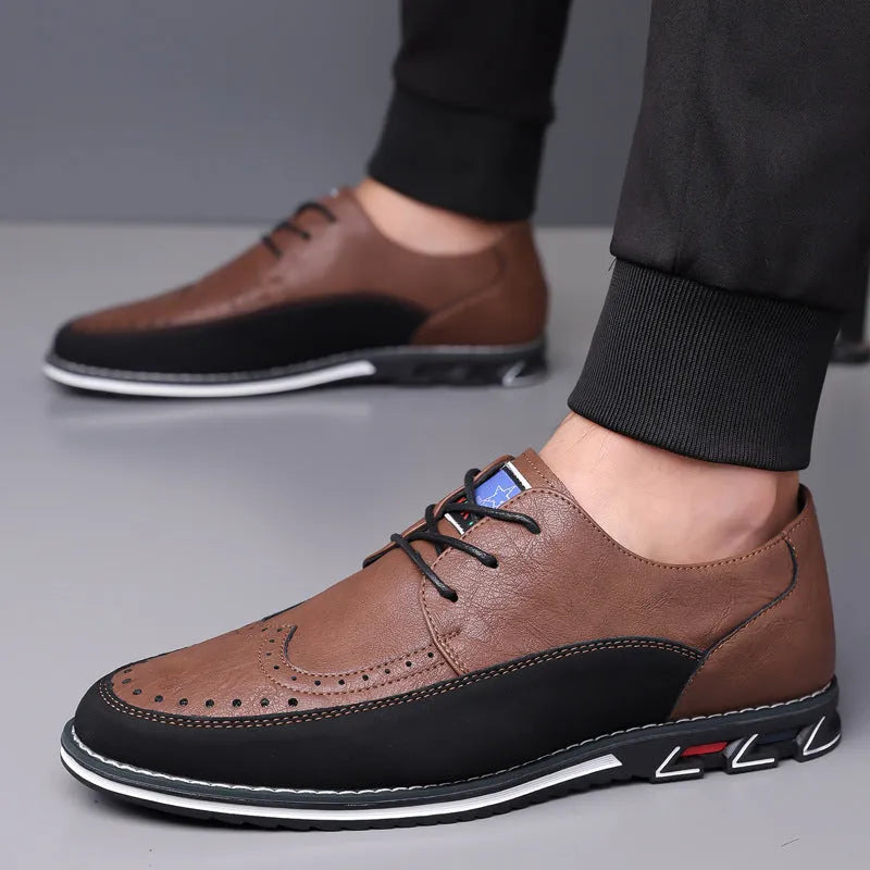 Men's black casual leather shoes with a rubber sole and leather toe cap.