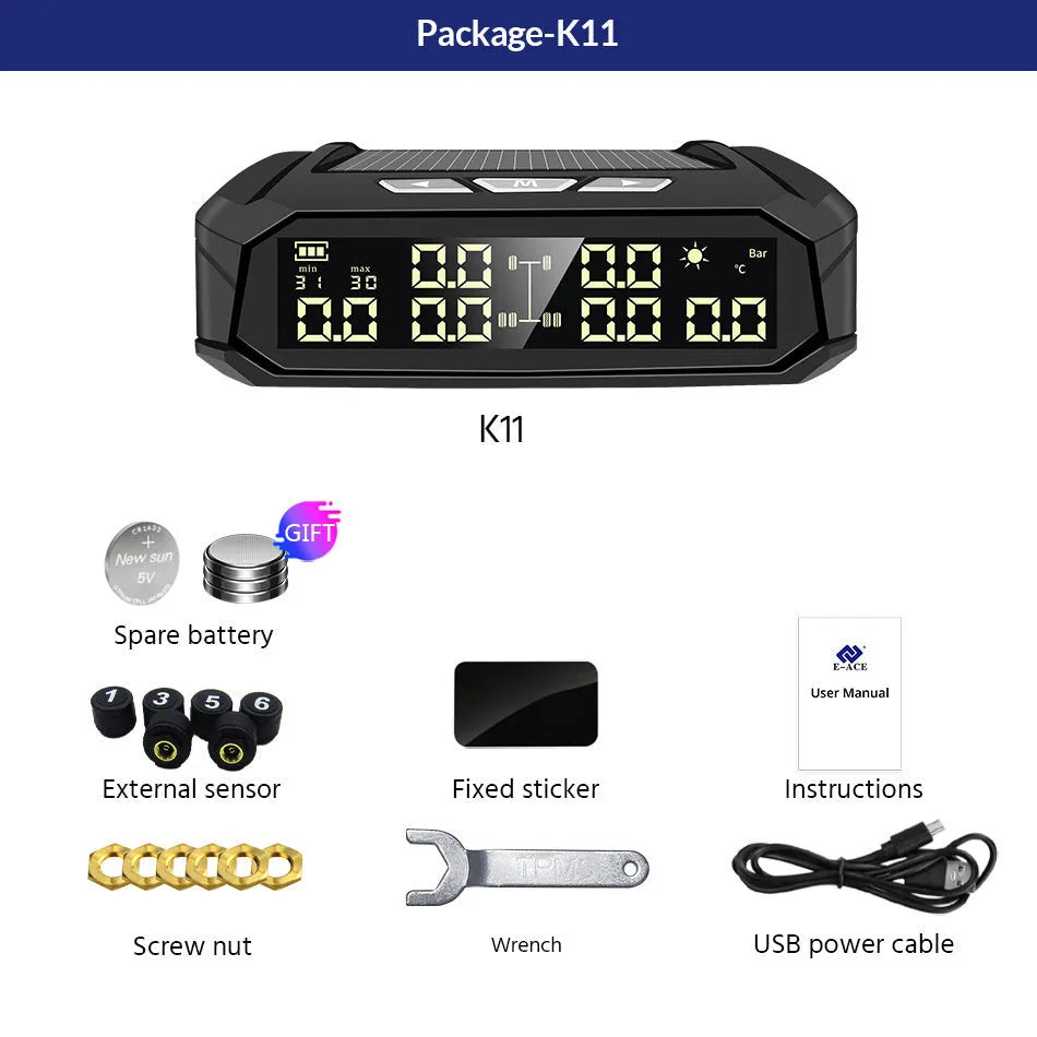 Solar tire pressure monitor system for 6 tires with colour display and external sensors