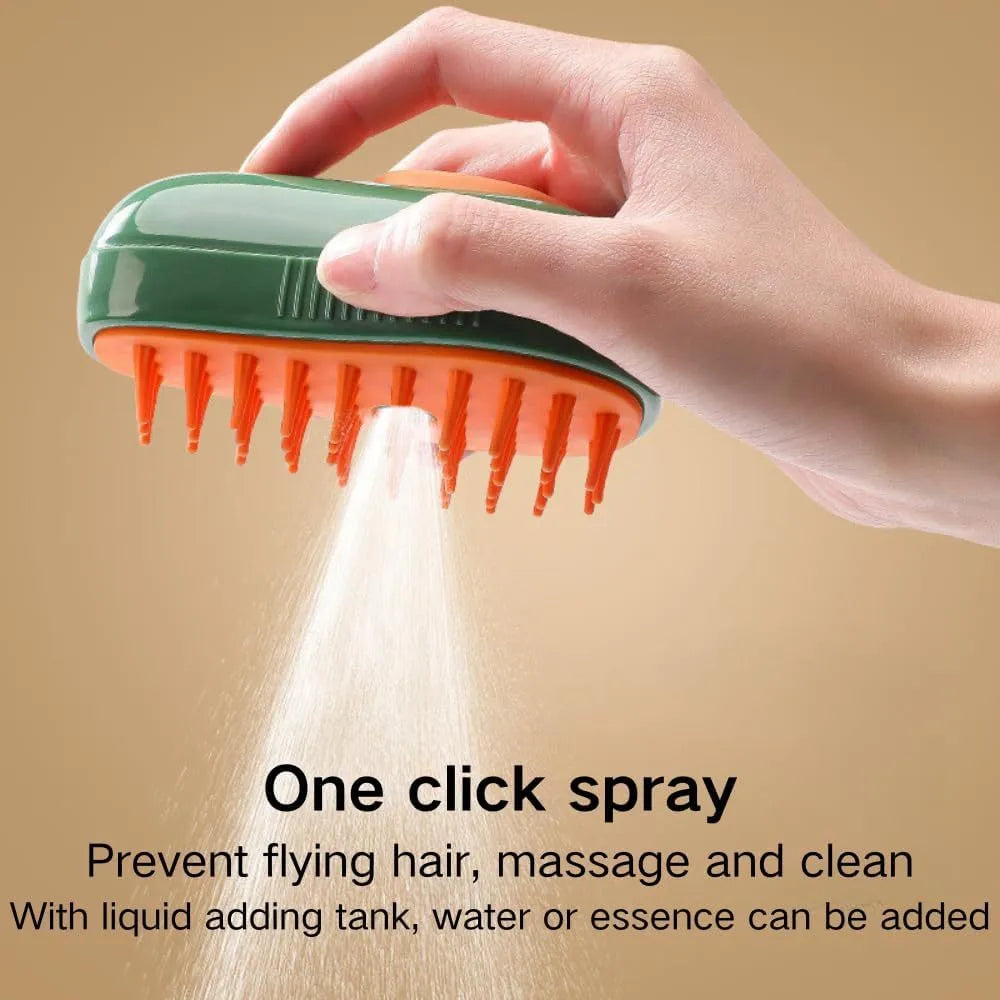 Green or white cat steam brush with water spray function and silicone teeth for pet grooming and massage