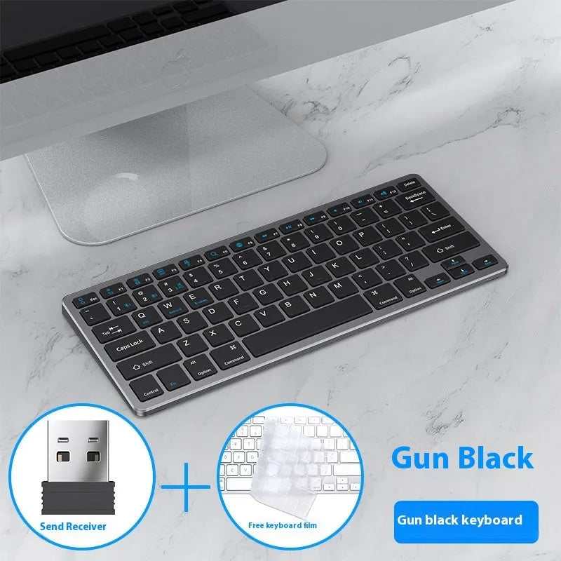 Ultra-thin black wireless keyboard and mouse set with receiver and cover on a desk