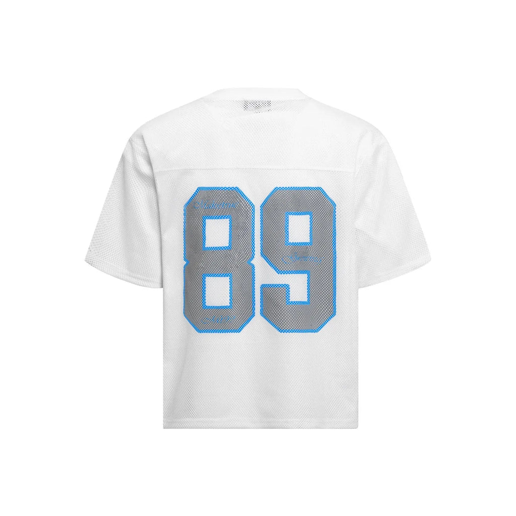 Black and white loose-fit t-shirt with alphanumeric printing on the front