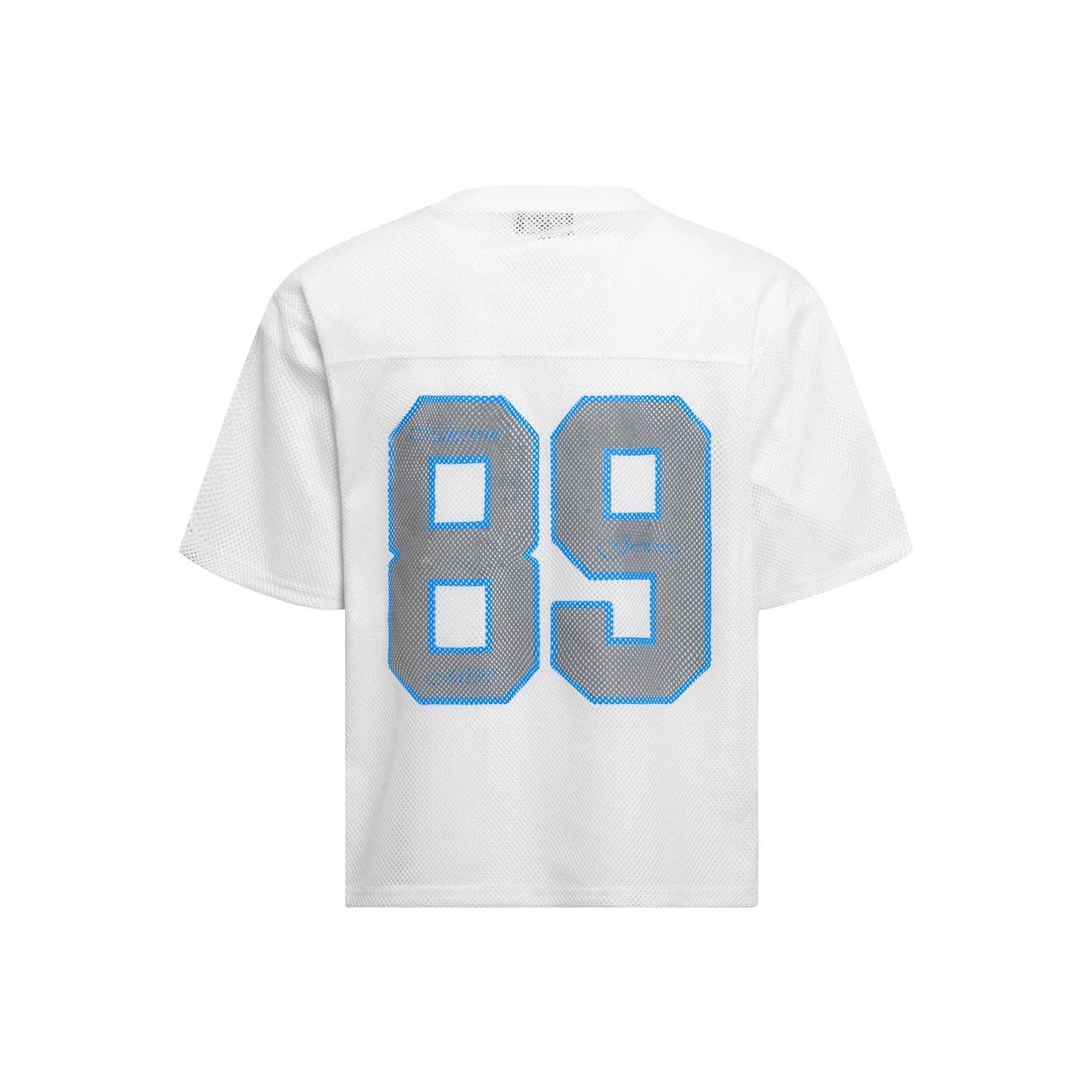 Black and white loose-fit t-shirt with alphanumeric printing on the front