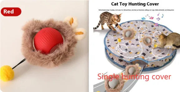 Flexible silicone rolling ball cat toy in plush red, green, and grey colours
