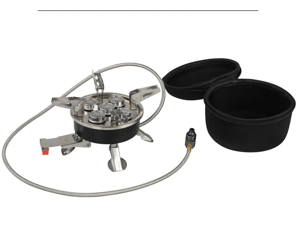 Silver portable foldable camping split stove made of stainless steel, shown with a 100cm hose.