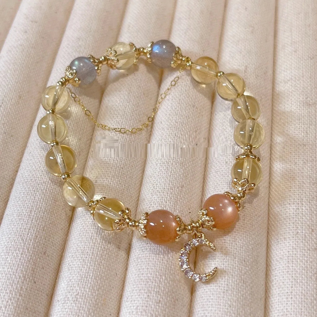 Women's moonstone and citrine crystal bracelet with 14K gold electroplated Chinese style diamond pattern design