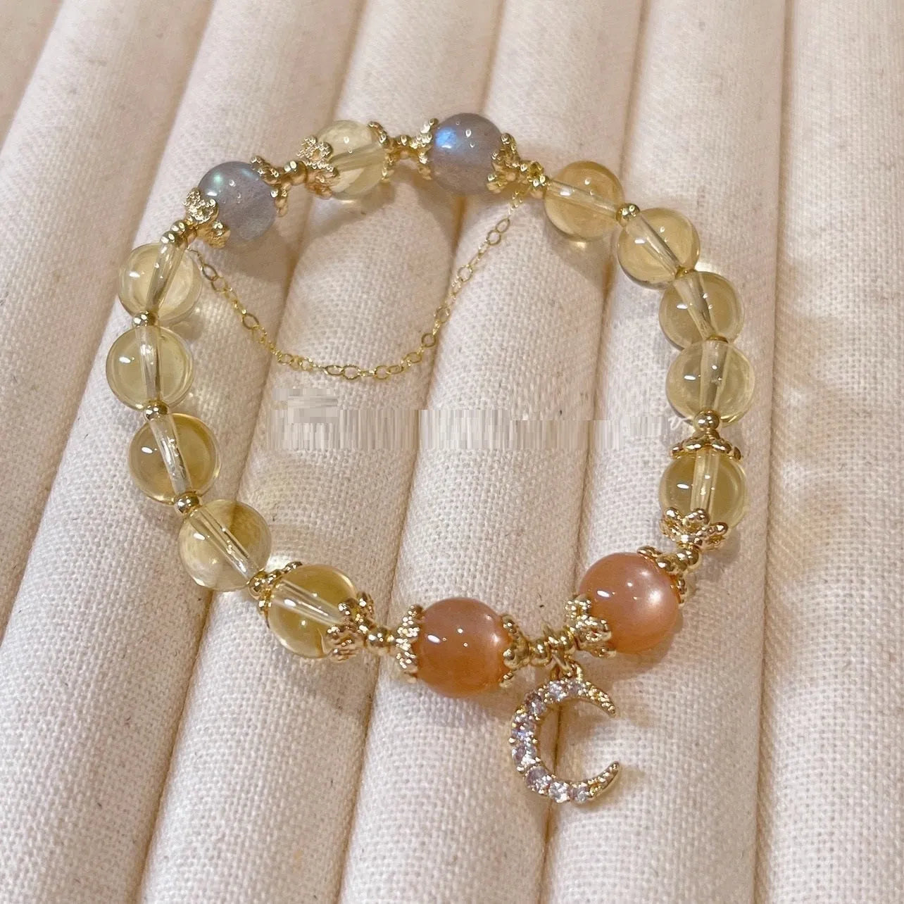 Women's moonstone and citrine crystal bracelet with 14K gold electroplated Chinese style diamond pattern design