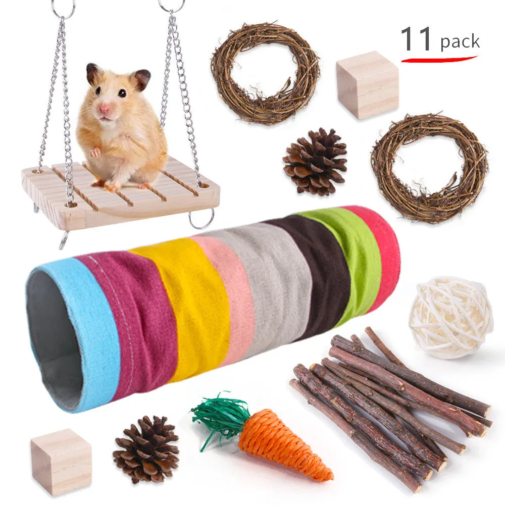 Assorted wooden chew toys for small pets including balls and mats on a natural background