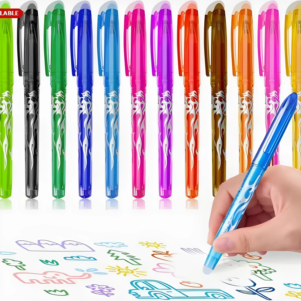 Set of heat-erasable gel pens with plastic barrels and stainless steel tips, showing assorted colours.