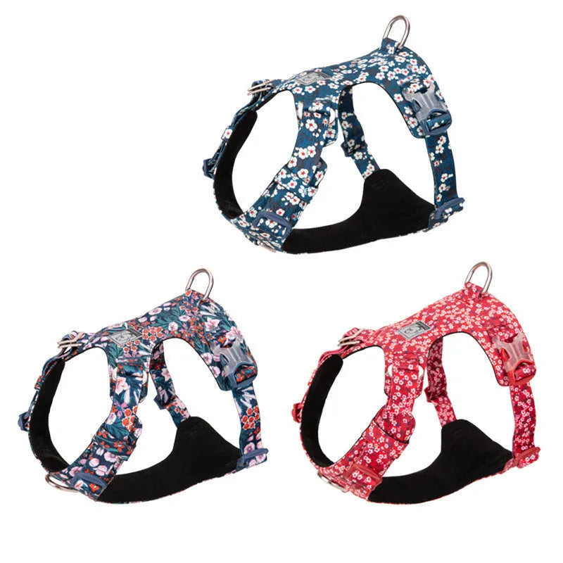 Pure cotton dog chest strap harness with floral pattern in red, blue, or green, showing pull-resistant design and adjustable sizing