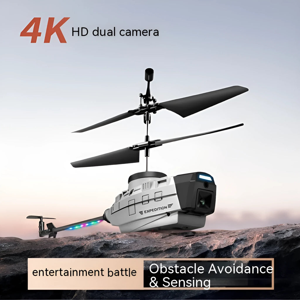 Heifeng grey reconnaissance UAV helicopter with four rotors and coloured LED lights in flight.