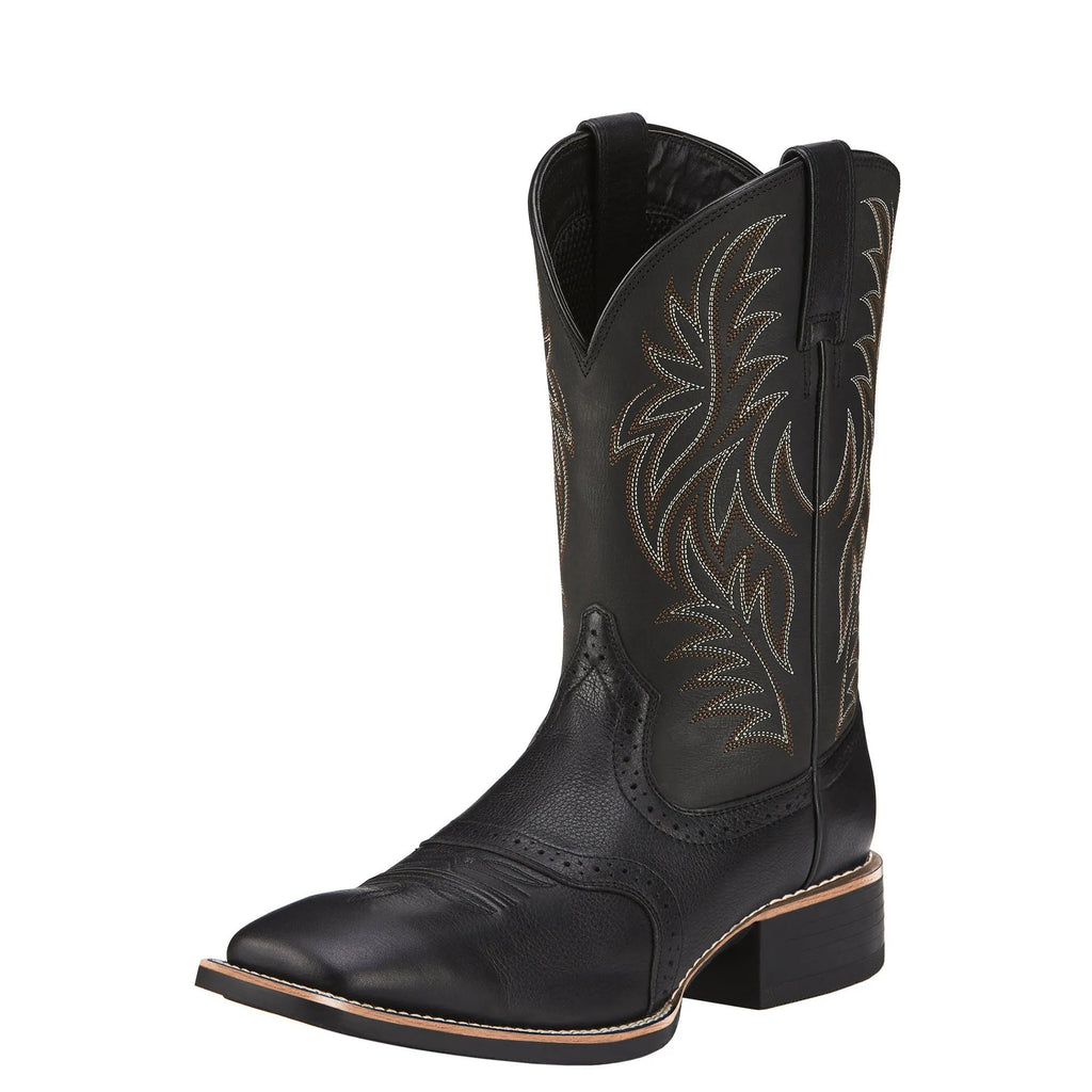 Men's black and brown western cowboy boots with detailed embroidery on a square toe and a high shaft.