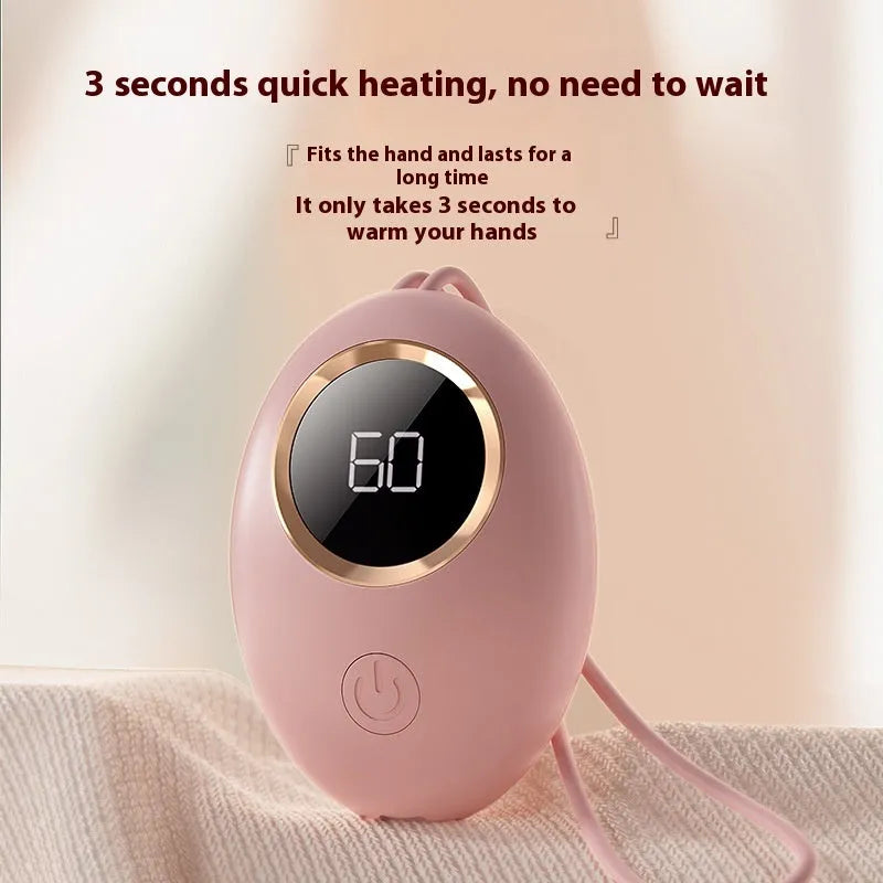 USB hand warmer with digital display showing temperature, aluminium heat dissipation, available in six colours