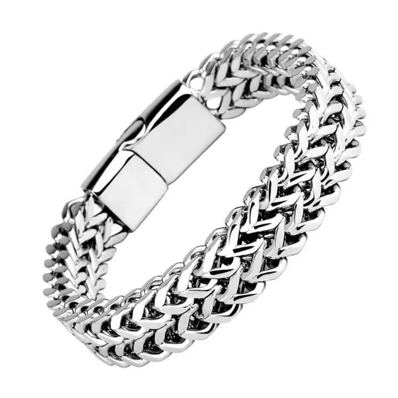 Geometric stainless steel men's bracelet showing front and back design in silver colour