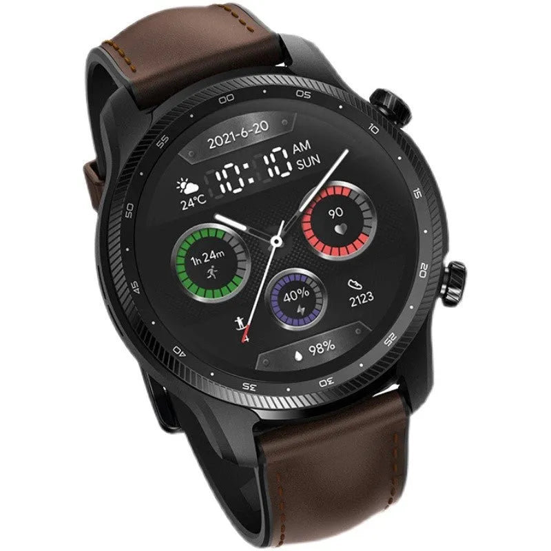 Ticwatch Pro X 47mm black smart watch with circular AMOLED display on a wrist.
