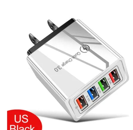 Luminous 4-port USB mobile phone charger in selected colour with indicator light, showing EU or US plug type.