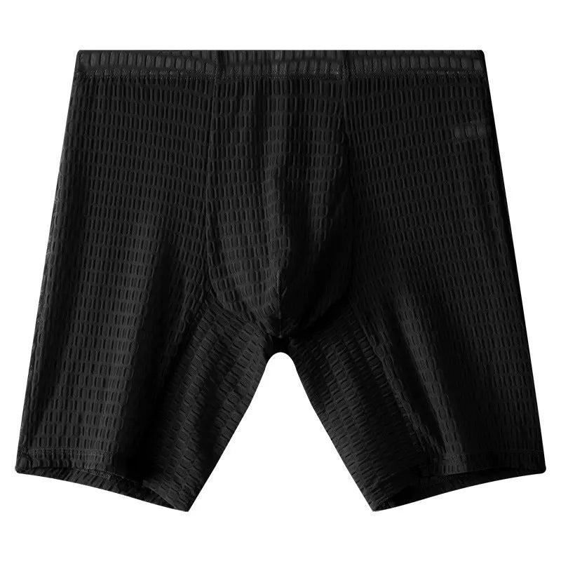 Men's transparent lace boxer shorts in white colour showing mid-waist and lengthened design