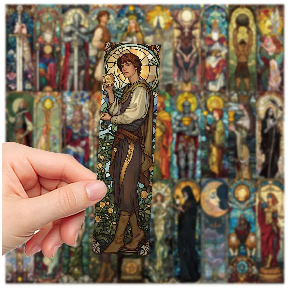 Set of thirty painted glass tarot design bookmarks in a cute homemade style on paper.