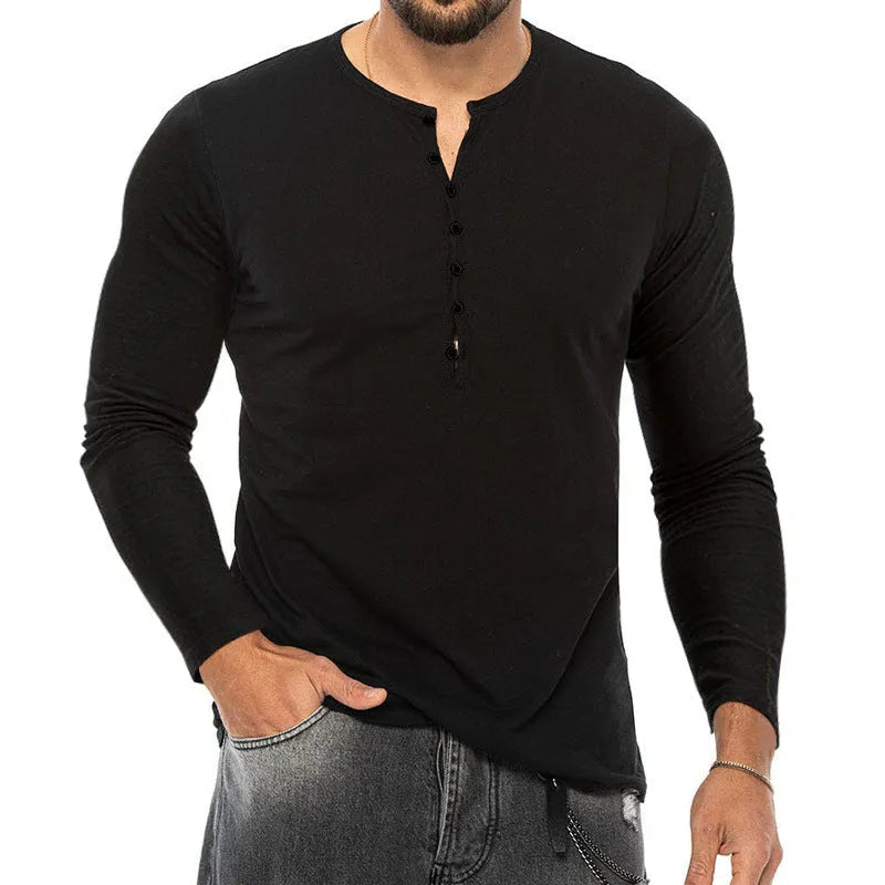 Men's breathable polyester long sleeve henley t-shirt in army green with henley neckline, front view