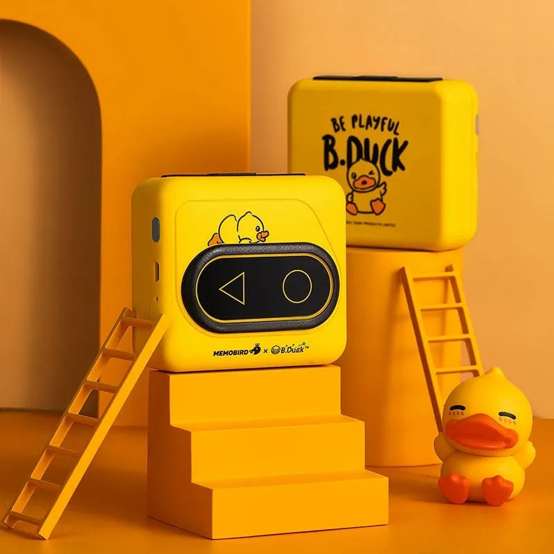Bluetooth mini thermal printer in avocado green, pink, yellow duck, or white colours showing 87mm compact size