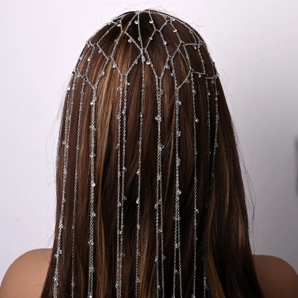 Gold and silver mesh hair bands with rhinestone bead trim and a tassel decorative element.