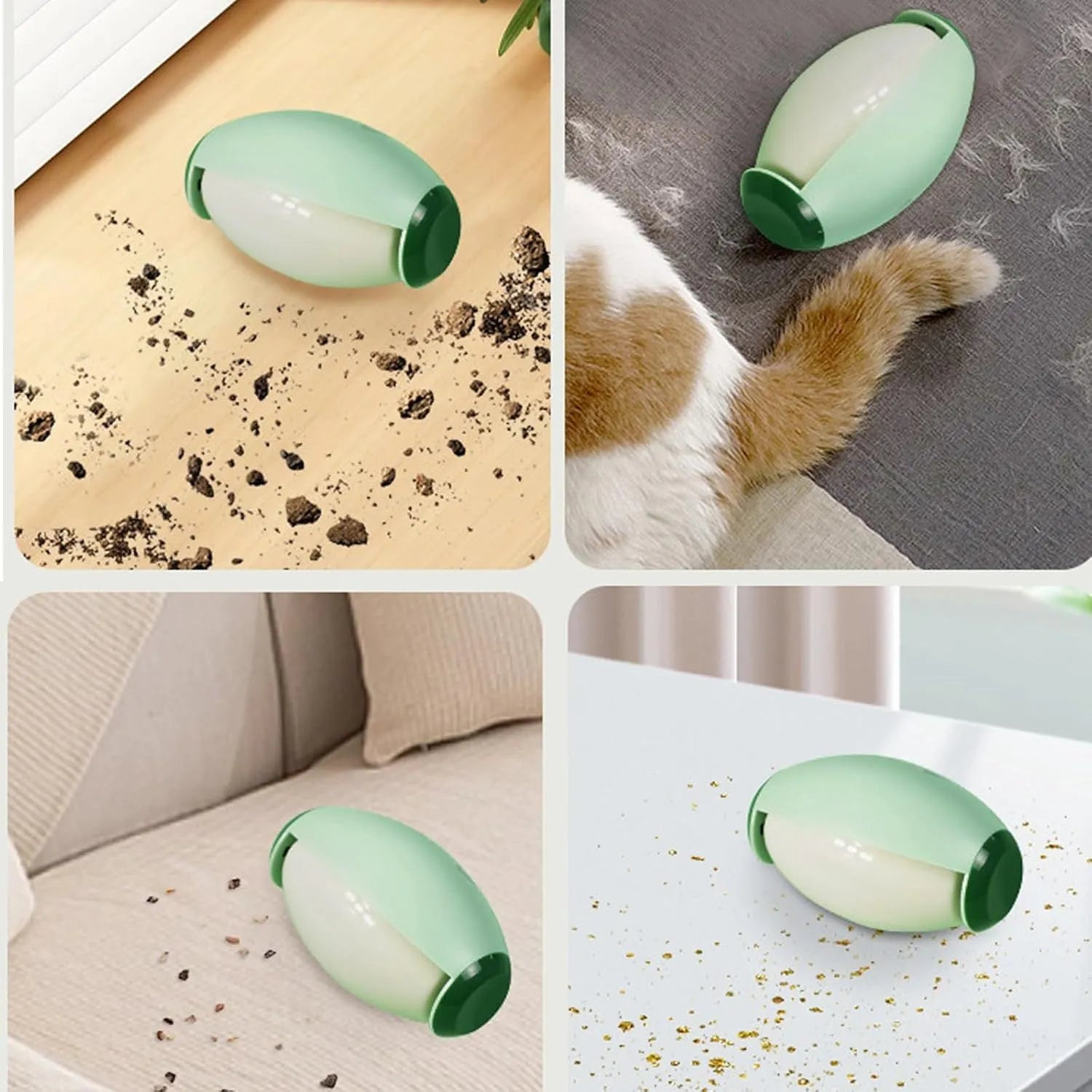 Green and white reusable gel lint roller balls for pet hair removal on fabrics