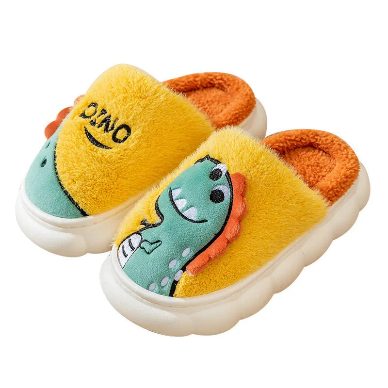 Plush cotton couple slippers with dinosaur print in grey, coffee, or orange colours.
