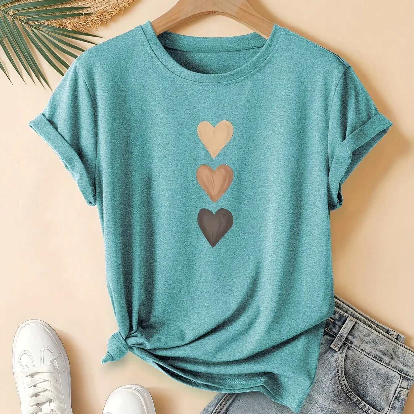 Women's three-heart printed pure cotton short sleeve T-shirt in art retro Chinese style