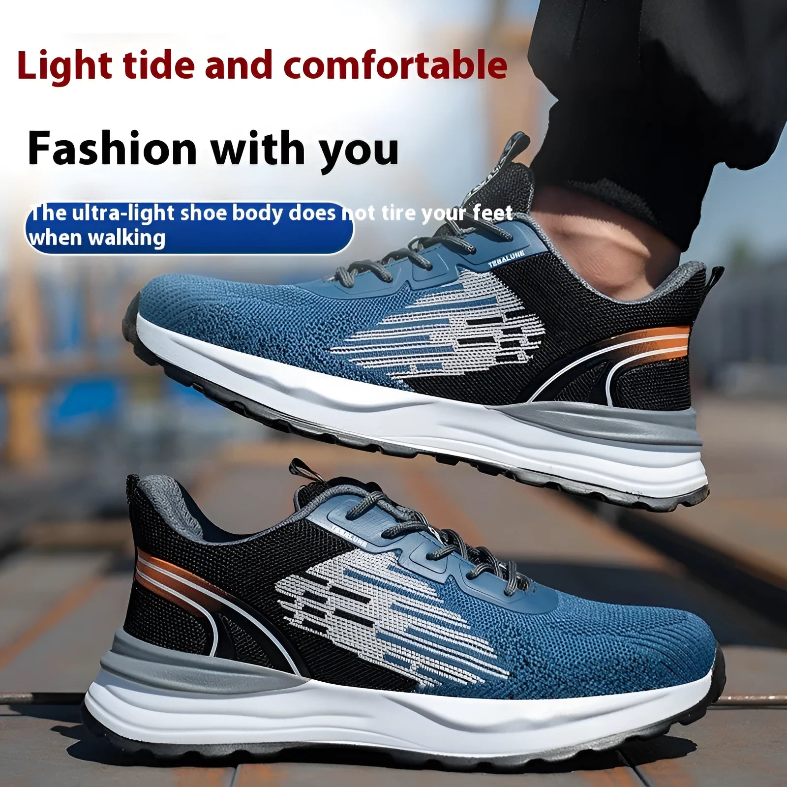 Blue men's low-top lace-up safety work shoes with mesh upper and plastic toe cap on a non-slip sole.
