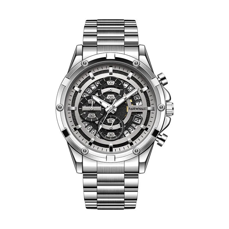 Men's waterproof luminous quartz watch with steel strap in black and blue colour variant