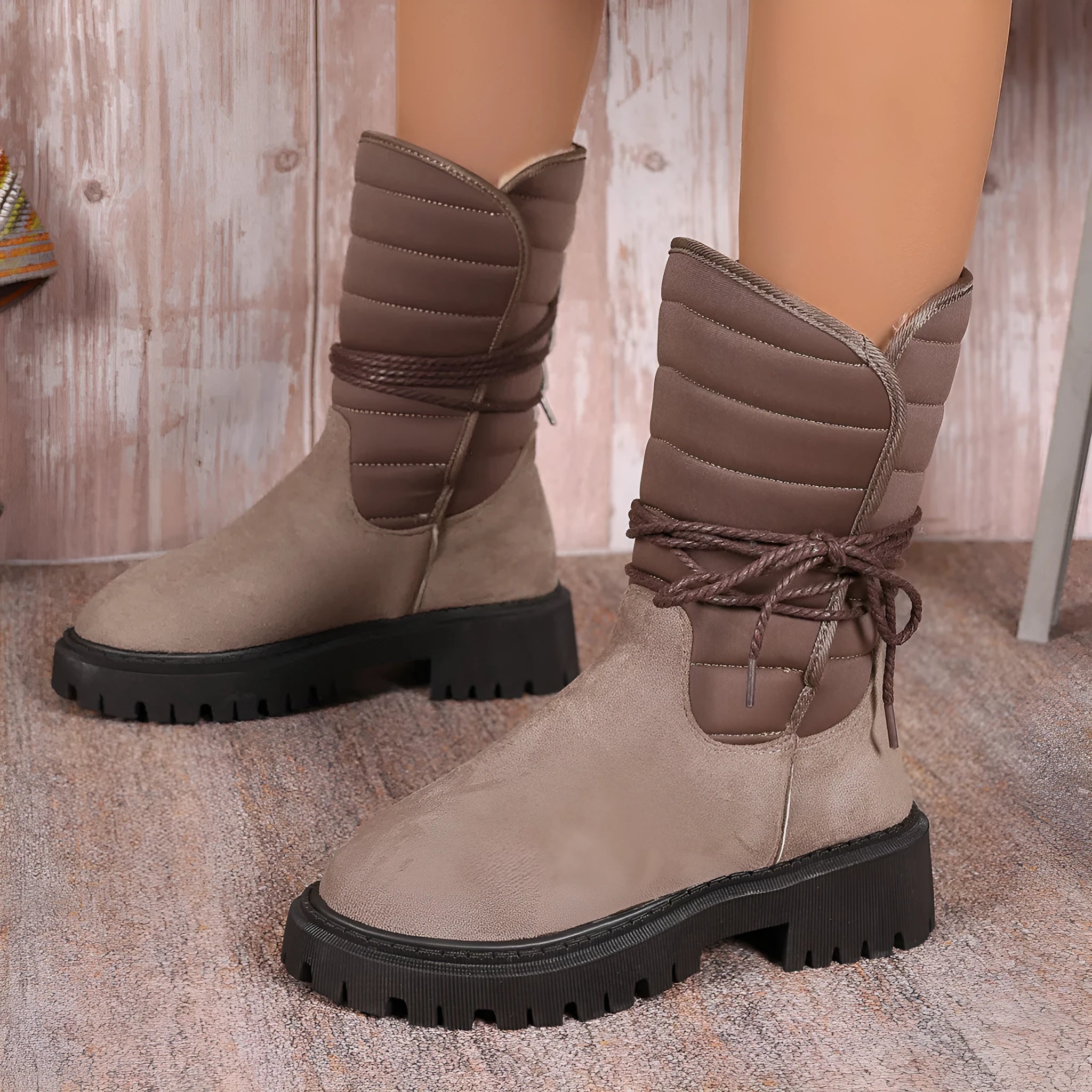 Women's chunky heel mid-tube snow boots with lace-up design in black, grey, and brown colours