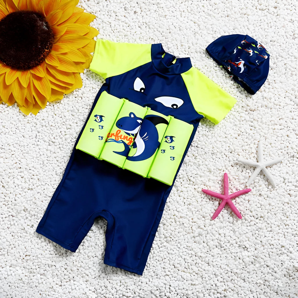 Buoyancy swimsuit with sun protection showing shark boy cartoon design on nylon fabric