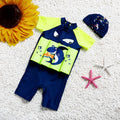 Buoyancy swimsuit with sun protection showing shark boy cartoon design on nylon fabric