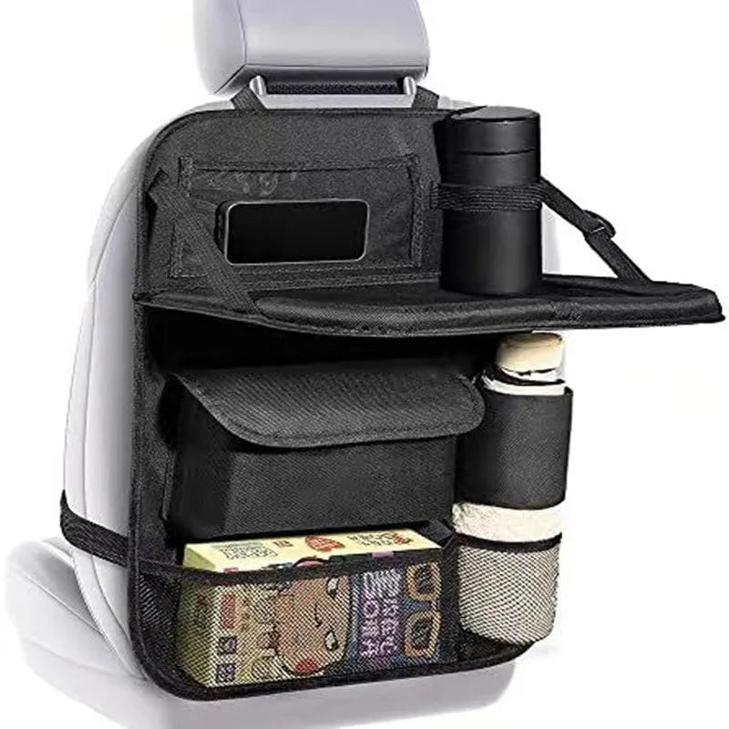 Black Oxford cloth car seat back hanging storage bag measuring 42x30cm with multifunction pocket design