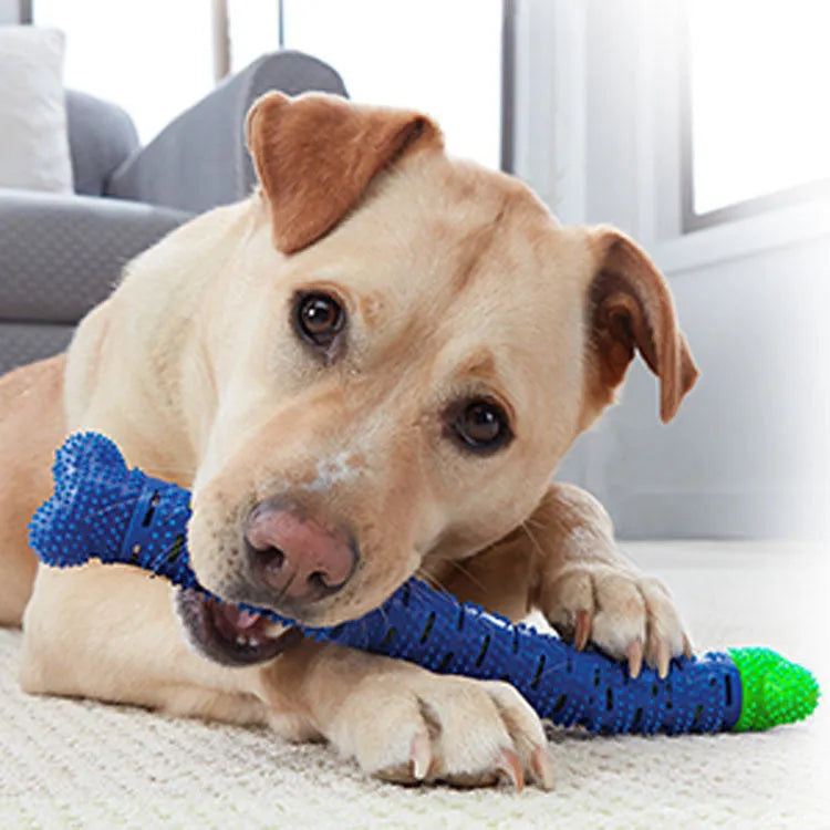 Blue silicone dog molar tooth cleaner brushing stick with serrated head and nodules for dental care