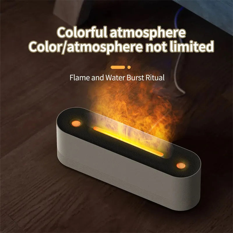 Black ultrasonic humidifier with LED flame lighting and water mist emission