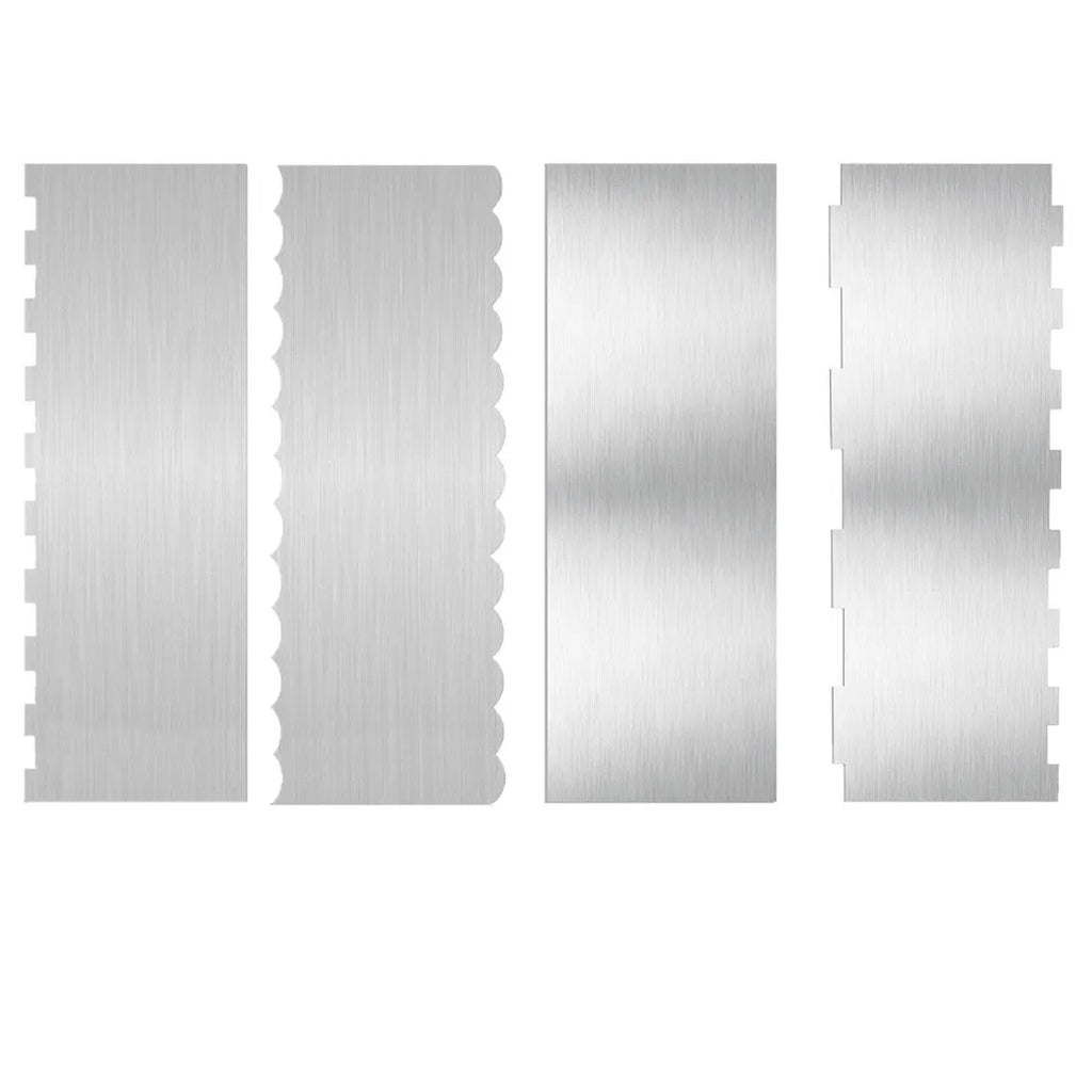 Stainless steel cake scraper with a polygon patterned blade for icing and filling work.