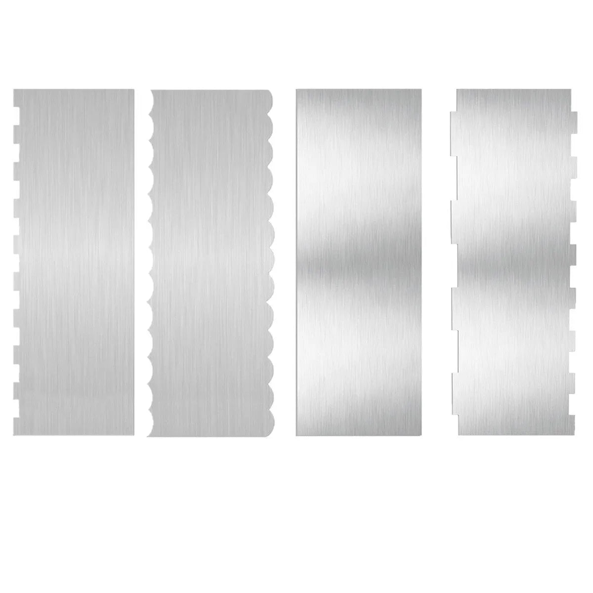 Stainless steel cake scraper with a polygon patterned blade for icing and filling work.