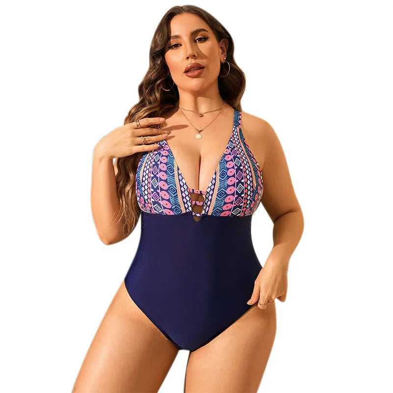 Leopard print plus size one-piece swimsuit with V-neck and belly cover design