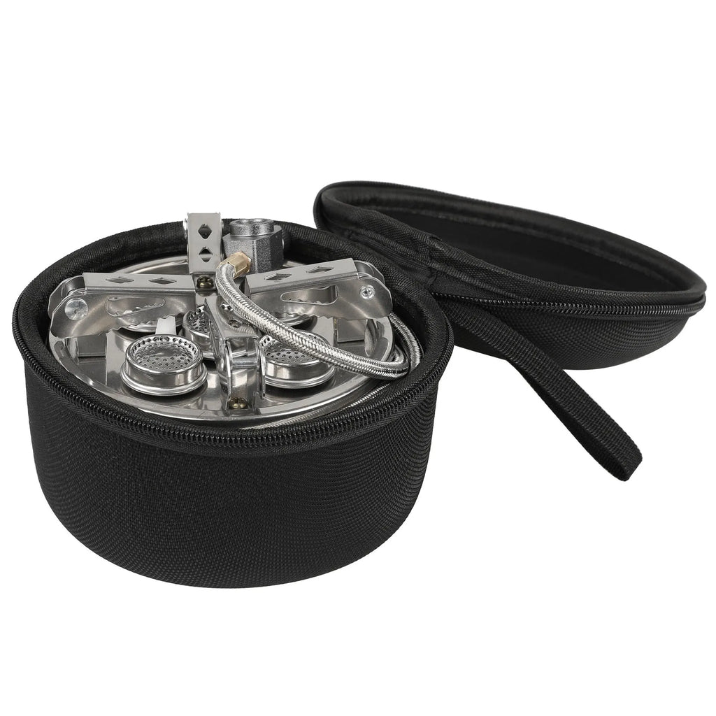 Silver portable foldable camping split stove made of stainless steel, shown with a 100cm hose.