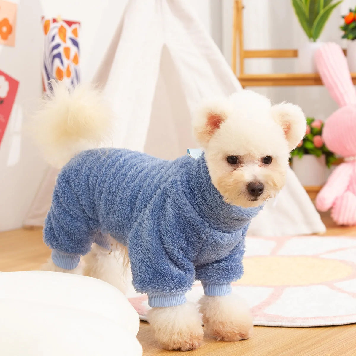Four-legged dog clothes with double-sided plush fabric and high collar in khaki colour with towing ring attachment